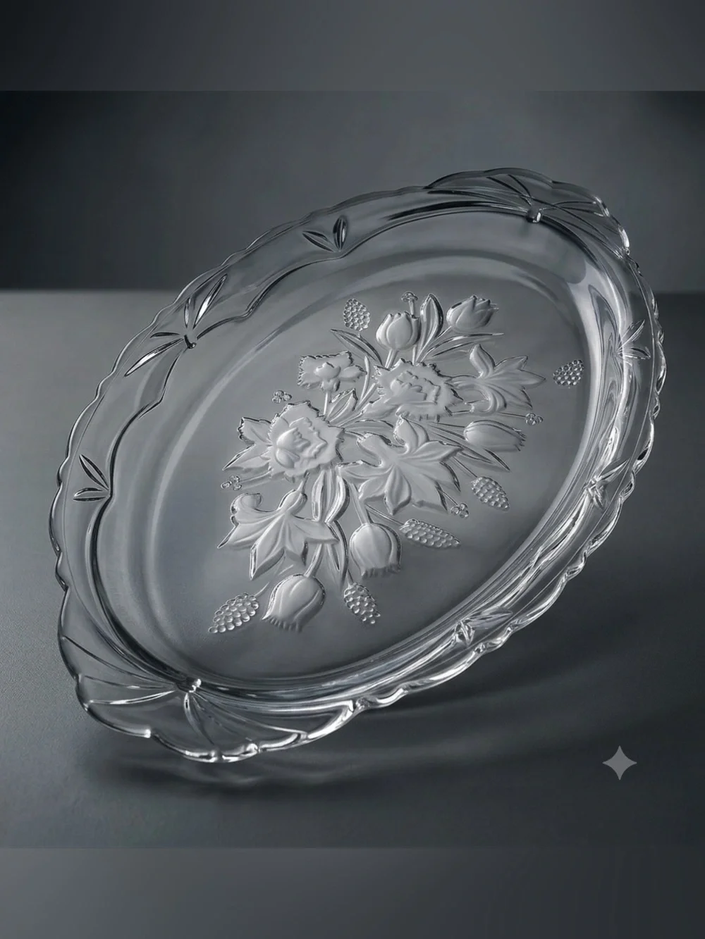 Vintage Clear Glass Oval Platter Frosted Floral Tulip Daffodil Serving Dish 16x9